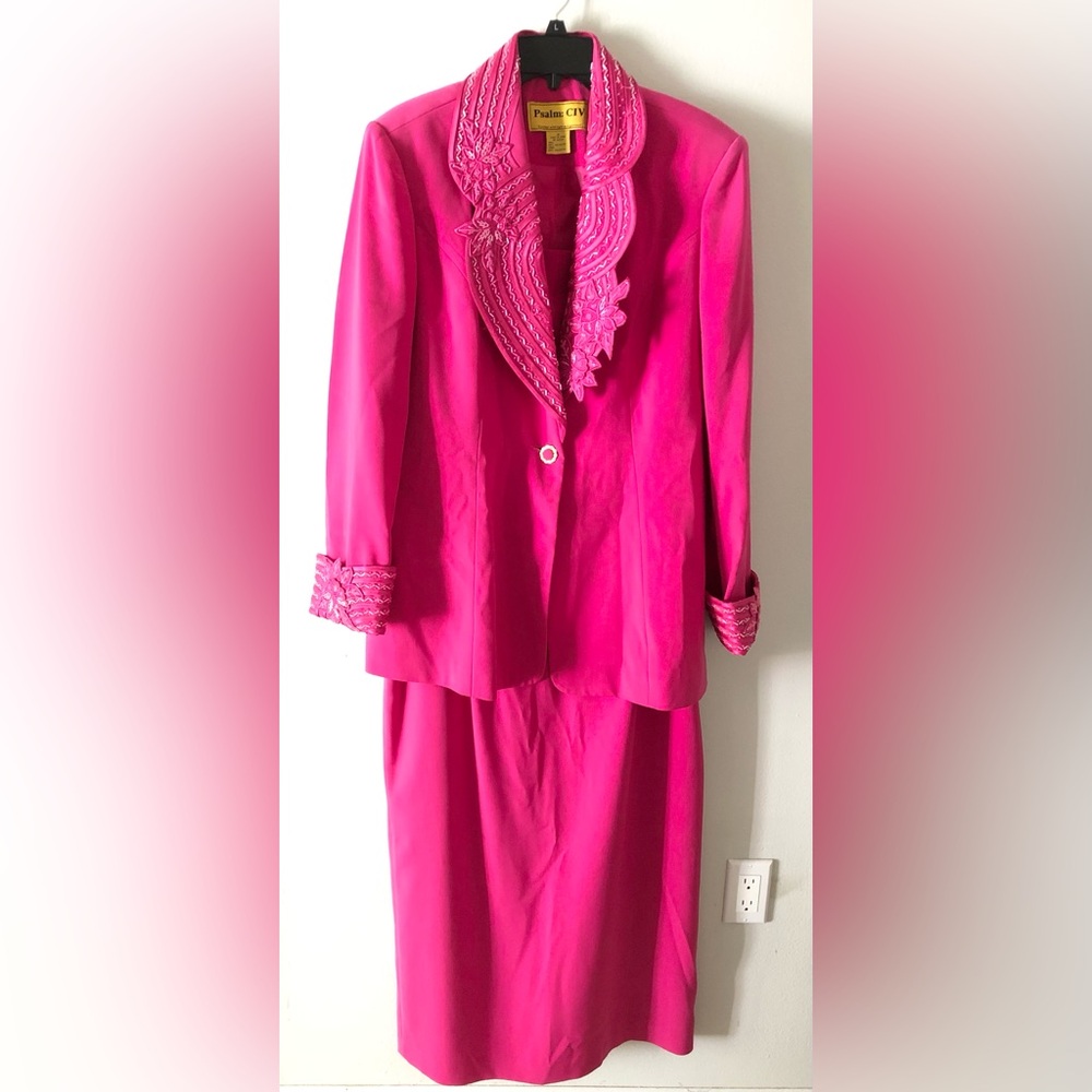 Psalm CIV Pink Beaded Floral Skirt Suit Set Church Suit Formal Wedding Guest